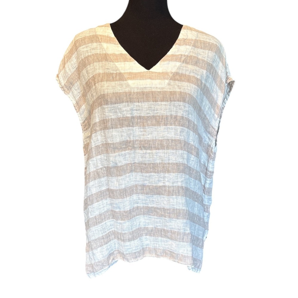 Cynthia Rowley Tan & White Striped Linen Sleeveless Top, Medium, Beach Resort